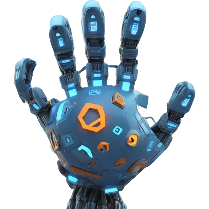 "Earth held by a futuristic robotic hand, glowing with blue and orange digital lines, with a high-tech and futuristic atmosphere." emoji