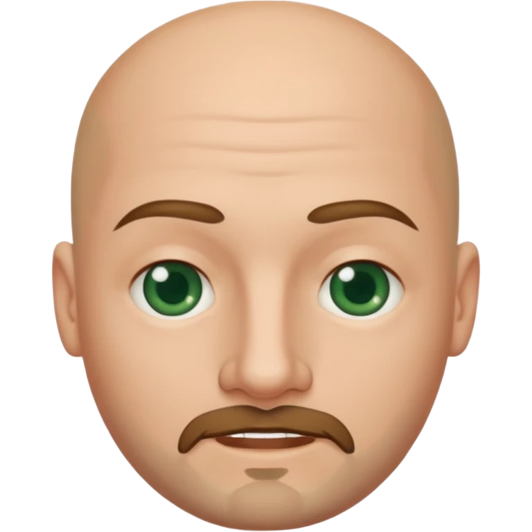 white caucasian bald man's face, with brown  round goatee and dark green eyes, oval face, rounded, big, little eyes a small smile emoji