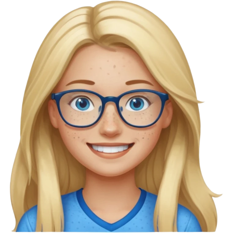 Athletic Blonde girl with long hair, blue eyes and fair skin and freckles in glasses smiling  emoji