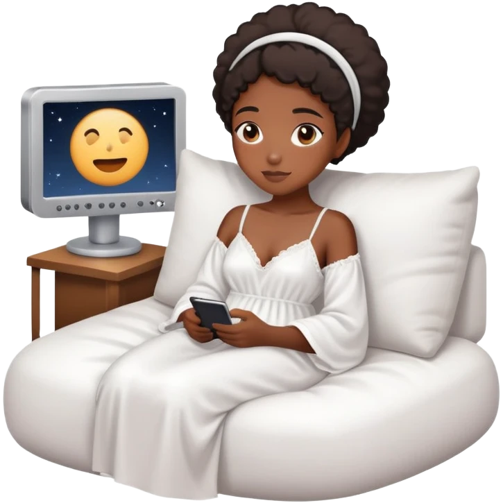 Black girl relaxing watching a movie while wearing a night gown emoji