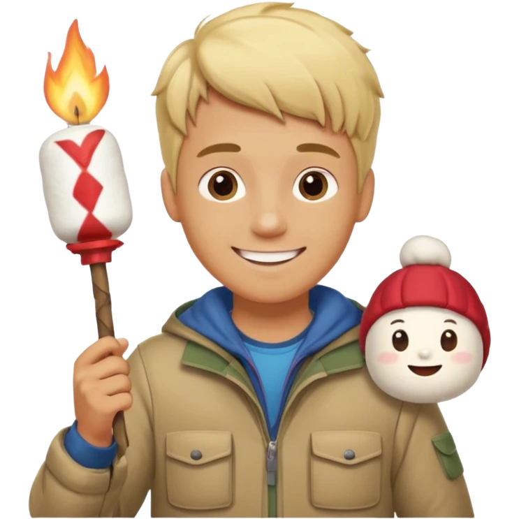 bşonde male with camping clothes holding marshmallow stick emoji