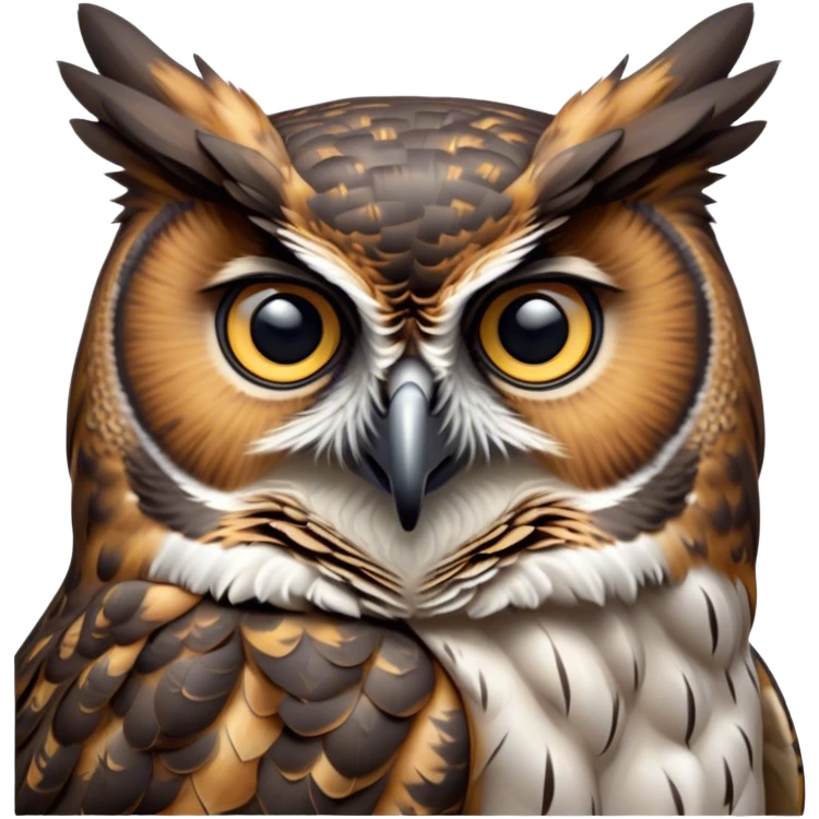 Cinematic Noble Great Horned Owl Portrait Emoji, Poised and regal, with a commanding, broad build and a richly mottled plumage of grays, whites, and subtle browns, deep-set soulful golden eyes, Simplified yet sharp and sophisticated features, highly detailed, glowing with a soft, dignified glow, high shine, intelligent and enigmatic, stylized with an air of nocturnal majesty, focused and attentive, soft glowing outline, capturing the essence of a watchful and confident raptor, so majestic it feels as though it could silently swoop out of the screen with effortless authority! emoji