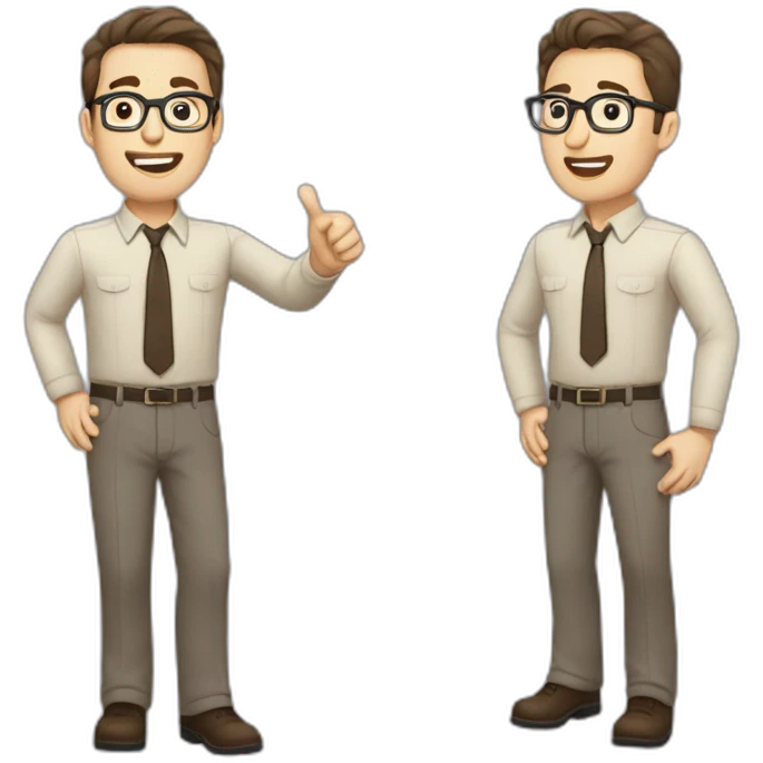 To belt Actively gesturing with hands Pale skinned fit man with dark brown hair in gray jacket, beige office shirt, brown tie, brown pants and vintage glasses. emoji