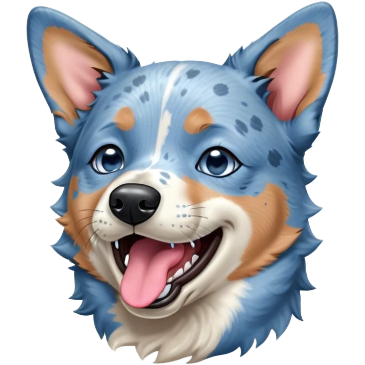 Cinematic Cute Yawning Blue Speckle Australian Cattle Dog Portrait Emoji, Head tilted slightly with a dramatic, wide-open yawn, showcasing a sleek blue speckle Fur with distinct markings, floppy ears slightly drooping, round blue eyes barely open in drowsy contentment, Simplified yet irresistibly adorable features, highly detailed, glowing with a soft, cozy glow, high shine, relaxed yet expressive, stylized with a touch of whimsy, bright and endearing, soft glowing outline, capturing the essence of a sleepy yet affectionate herder, so drowsy it feels like it could stretch out of the screen and curl up for a nap! emoji