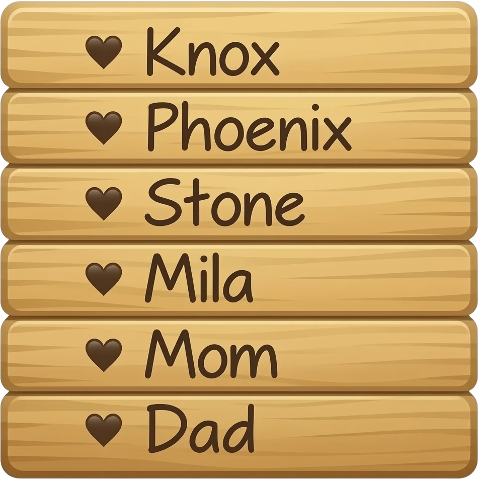 A wood sign that has a list that says Knox phoenix stone mila mom and dad with hearts on it emoji