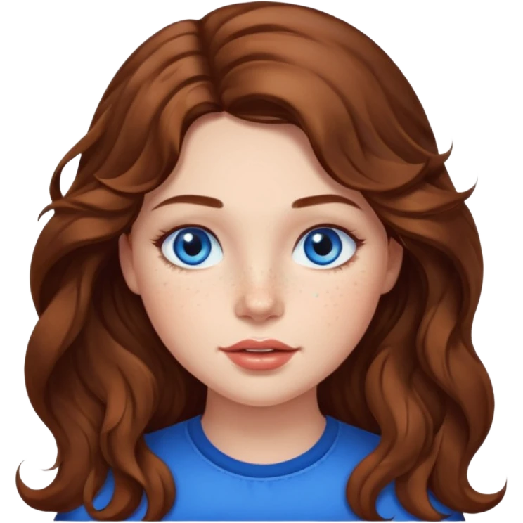 girl with long wave brown hair, blue eyes, plump lips and freckles  emoji