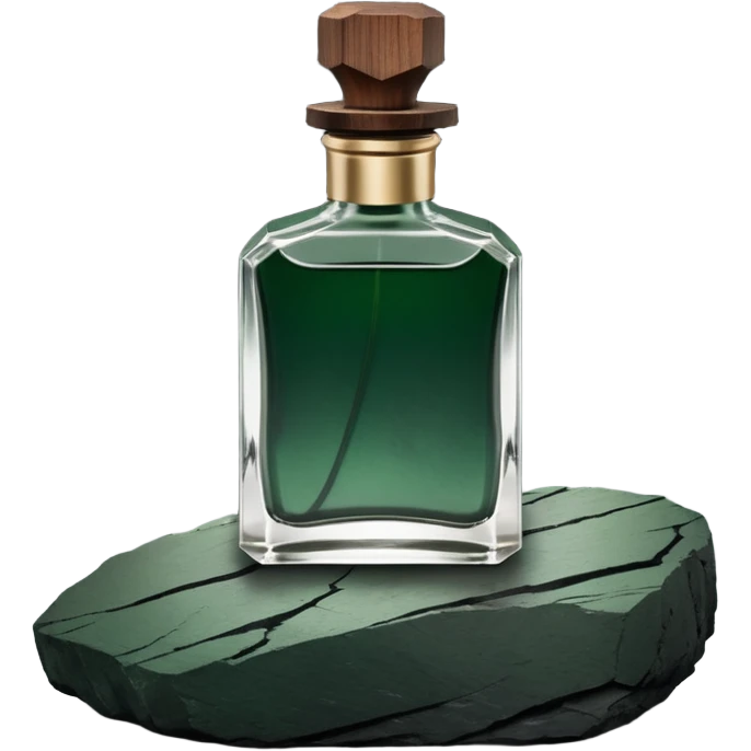A masculine fragrance bottle featuring a gradient of deep forest green to charred black glass. The cap is made of dark walnut wood. The bottle is placed on a jagged piece of slate rock with a faint mist in the background. Earthy, moody, textured, photorealistic. emoji