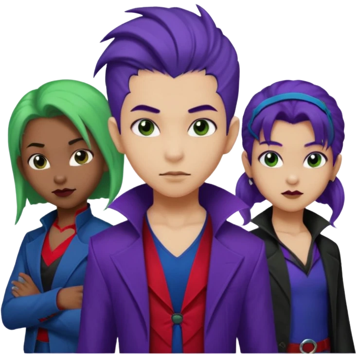 Solo poly platonic relationship, one African girl, one Asian boy, one biracial features Asian tomboy girl rat-tail hair long and upper masculine hair 90s, vampire and marvel cosplay elements inspired  use marvel colours, like instead of obvious human, green purple blue etc,  emoji