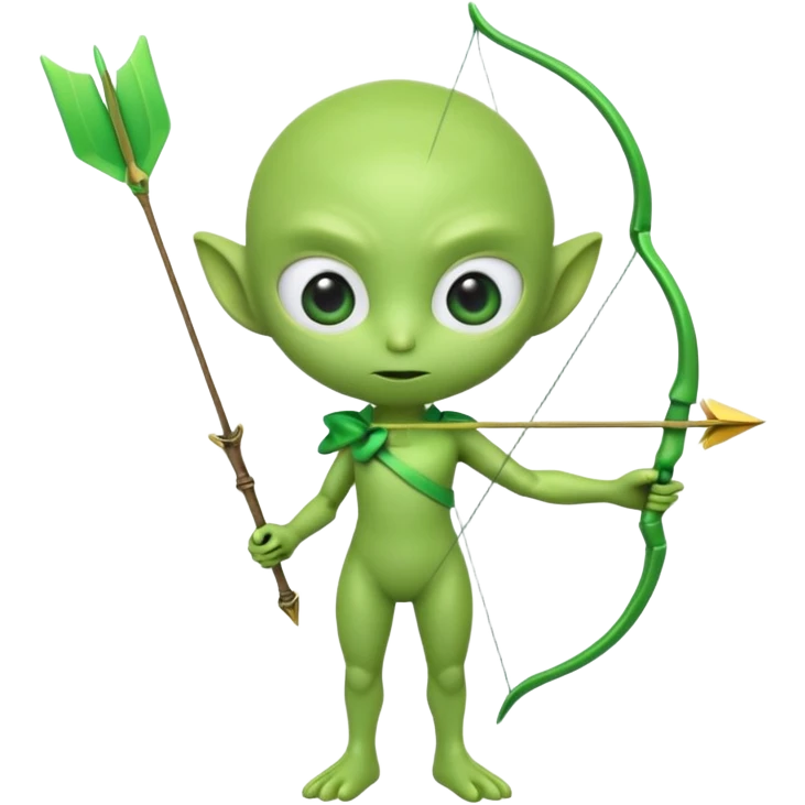 3D emoji-style green alien holding a bow and arrow, glossy texture, smooth skin, large expressive eyes, small humanoid body, minimalist background, soft lighting, Pixar-style rendering, high detail, cute but slightly serious expression, clean centered composition. emoji