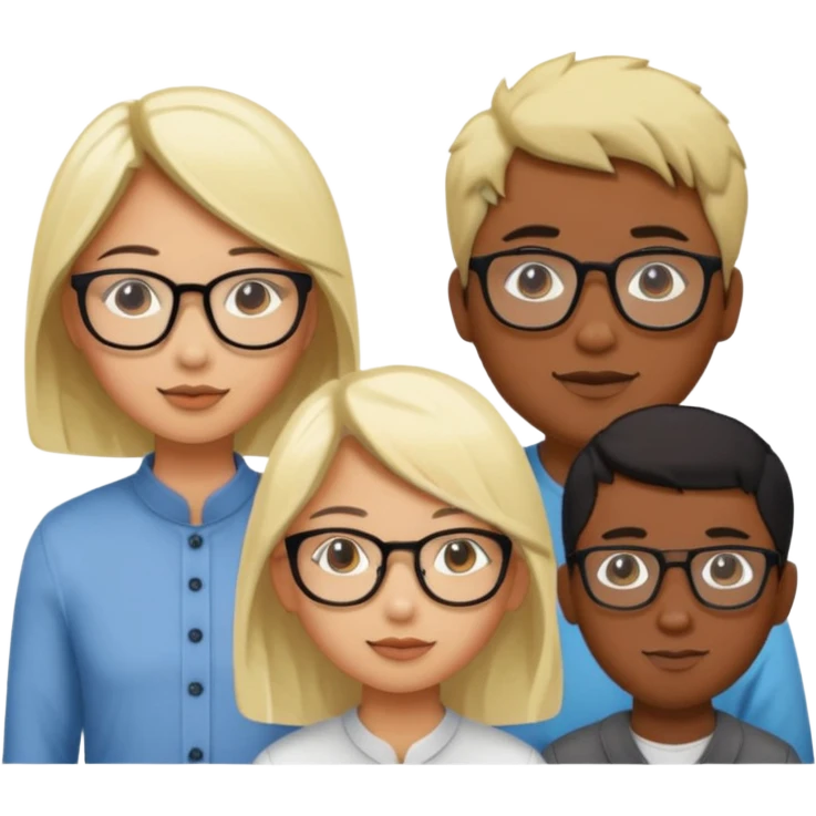 four people. Asian girl, black guy with glasses and dyed blonde hair, indian guy with glasses, asian guy emoji