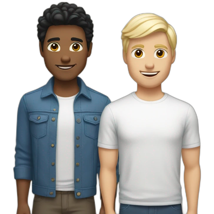 Gay couple, one guy Alaskan native black hair brown eyes, 1 guy white blonde hair blue eyes emoji