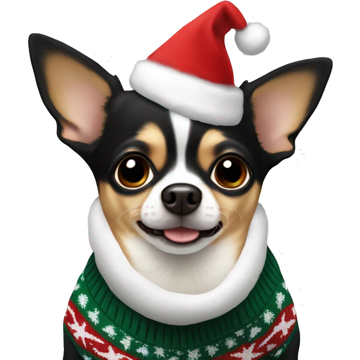 Black, brown and white chihuahua with a Christmas jumper on  emoji