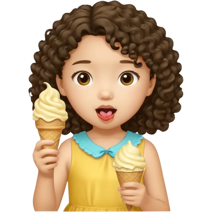 a little asian girl kid with curly hair, yellow dress, eat ice cream emoji