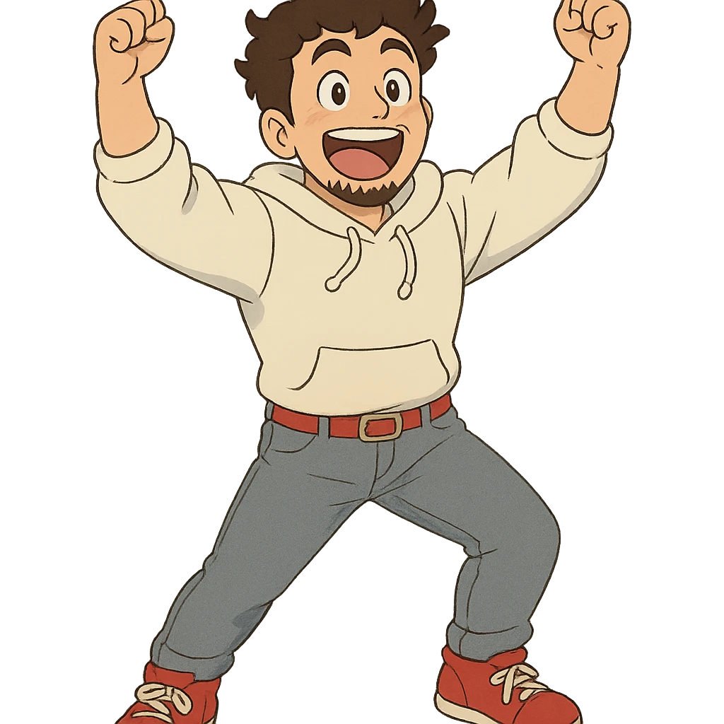 1 male, mid fade haircut dark chestnut brown curly hair, toasted lightskin, white hoodie sleeves up, gray fashion jeans, red fashion-sneakers shoes, red belt, short trimmed beard and goatee,  style of deku from "my hero academia",  doing a pose for a "happy" emote for twitch emoji