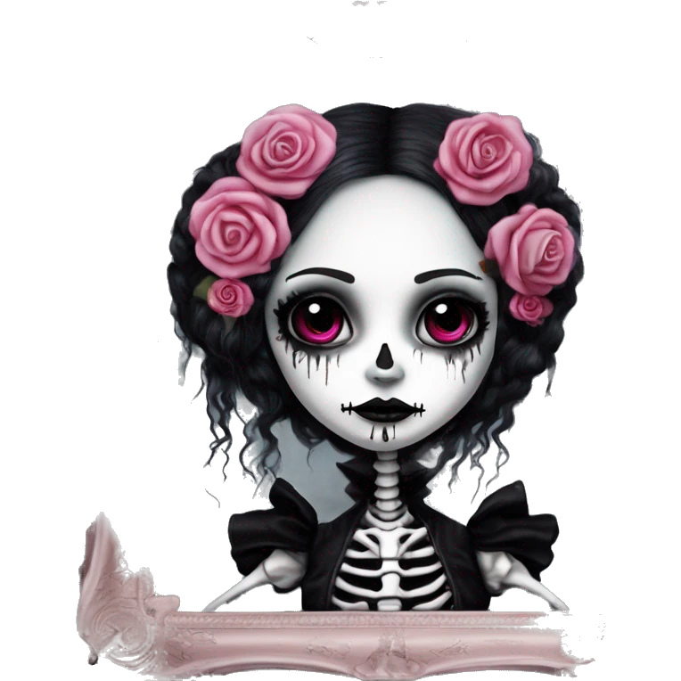 PINK LANDSCAPE PICTURE WITH FRAME: full body, hyper realism, full height skeleton, tim burton "corpse bride", thin porcelain doll with a cracked face, goth makeup watery eyes, long hair, lace and ruffles, lolita style, inked, black and white, red roses emoji
