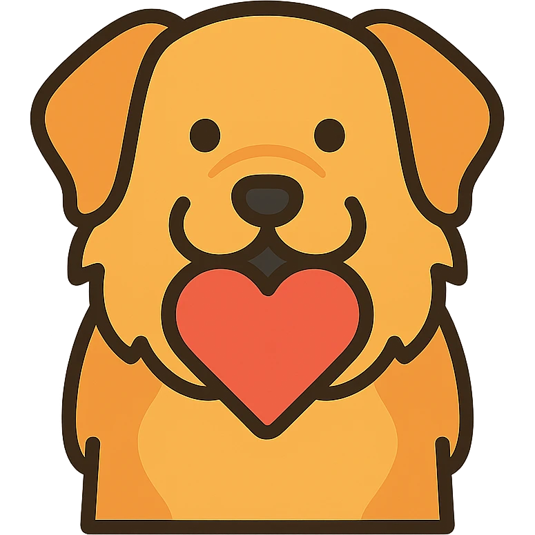 stylized icon of Golden Retriever and Chow Chow mix dog with a heart in its mouth, minimal lines, soft color palette, modern look emoji