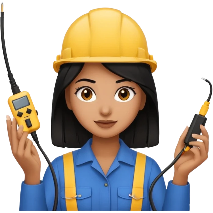 as a beautiful brown girl with black hair  electrical engineer holding electric wires without glasses and emoji style emoji