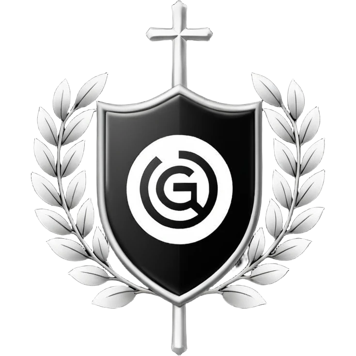 Es un escudo con forma clásica de heráldica, dividido en cinco franjas verticales alternadas en negro y blanco. En la parte superior tiene las siglas “GYE” y en la parte inferior el año “1908”. El diseño es simple, simétrico y con colores tradicionales blanco y negro. emoji