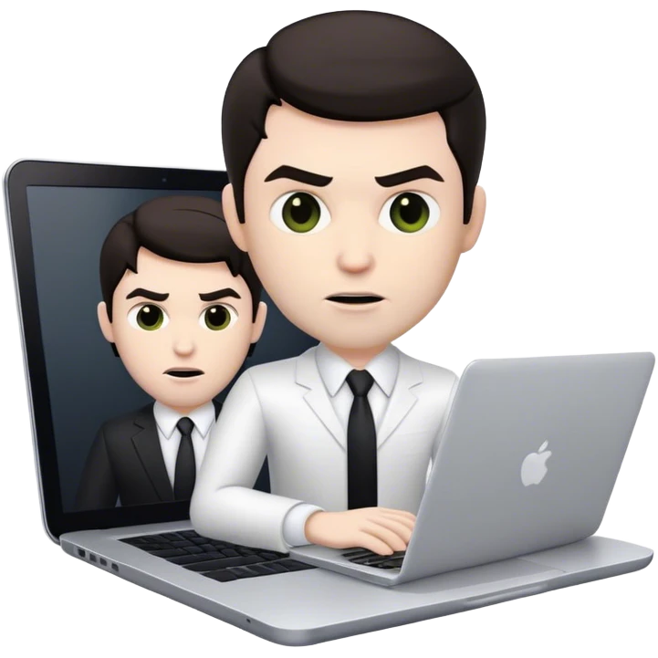 memoji of a white male realtor with a laptop in front, modern, dark hair, evil emoji