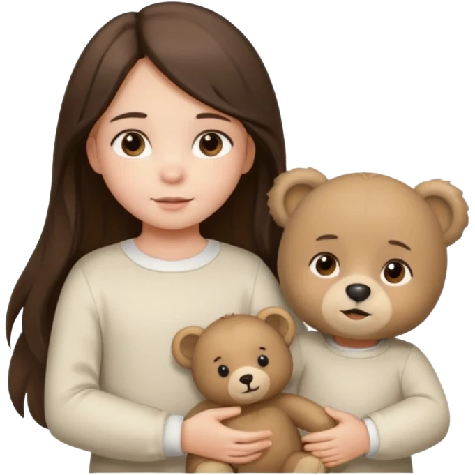 Brunette little girl, long hair, white long sleeve, with beige bear emoji