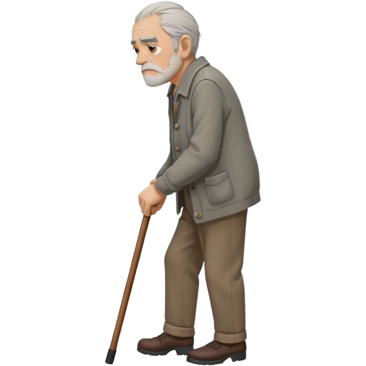 Old man leaning on a walking cane and holding his crancky back with his hand, grumpy face, detailed. Side view with the man going right emoji