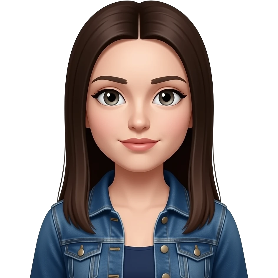 HT - hazel eyes, very pale white skin, widows peak, dark brown long straight hair, centre parting, dark blue dress, denim jacket emoji