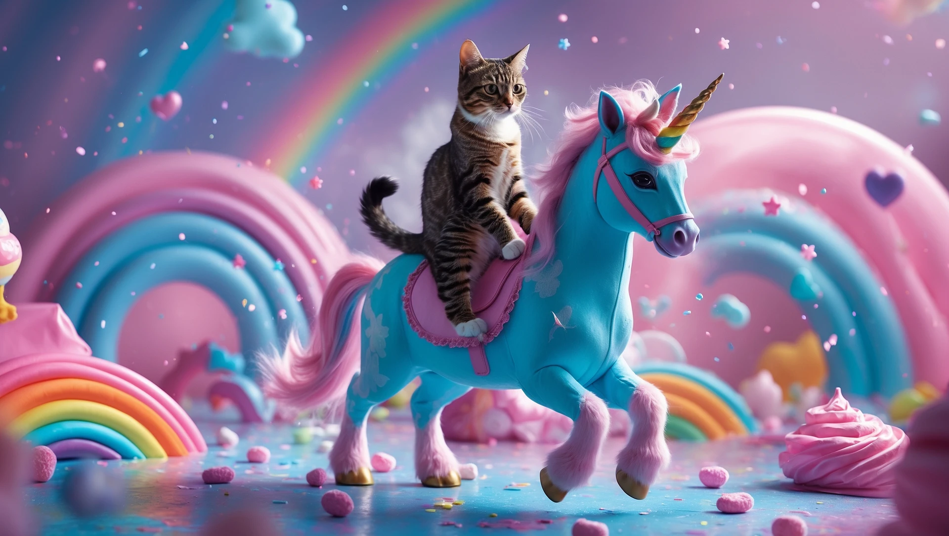 Cinematic still of a cat riding on unicorn around magic pink, and blue candy world, rainbow, dynamic shot emoji