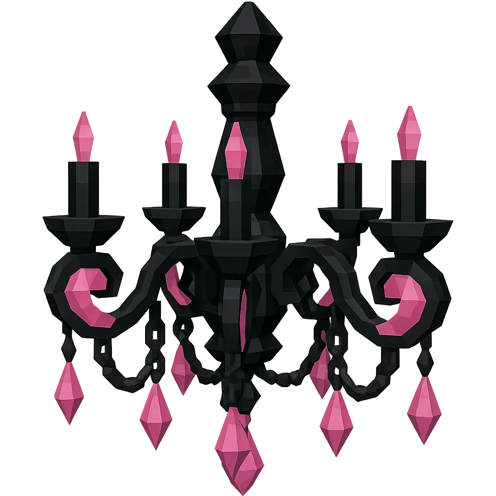 BLACKPINK-inspired gothic chandelier, no hearts, faceted and ornate, black and pink emoji