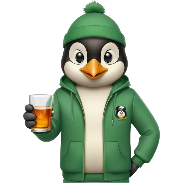 head and shoulders portrait of a friendly anthropomorphised penguin wearing a green mafia-style tracksuit, angry confident scheming expression, holding a glass of whiskey emoji
