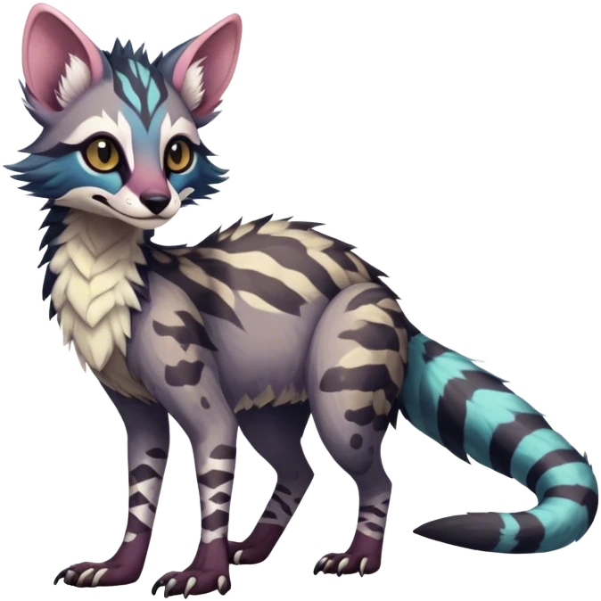 Feral Rare Fantasy dark colorful pastel vibrant tropical Vernid-Sergal-Genet-Trico-species by LiLaiRa, random markings, tufted tail, tufted ears, full body emoji