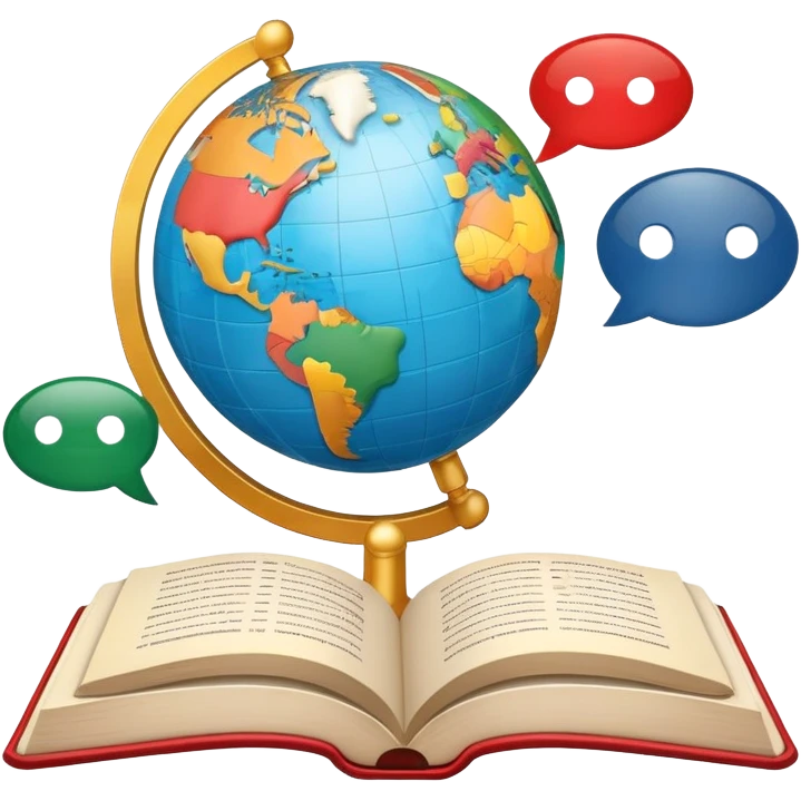 An icon featuring a globe with speech bubbles in different languages, symbolizing the study of foreign languages. The design includes a book and a pencil, representing learning and communication across cultures. Transparent background highlights the global nature of language education. emoji