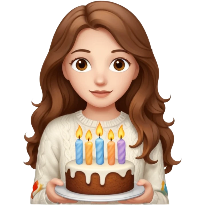 A pretty white girl with hazel brown eyes and long brown wavy hair in a cosy white knit sweater, she is celebrating her birthday emoji