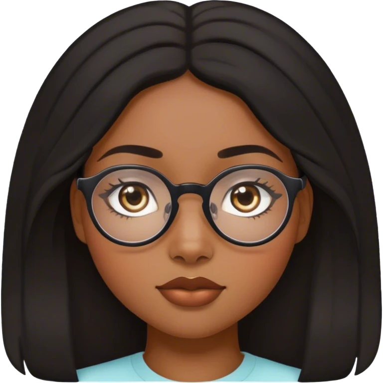 femme de 20 ans noire métissée avec les cheveux bouclés, le visage ovale et des lunettes semi rondes et les yeux en amande cheveux plus long et moins gonflés et noir foncé plaquéés avec une raie au milieu  emoji