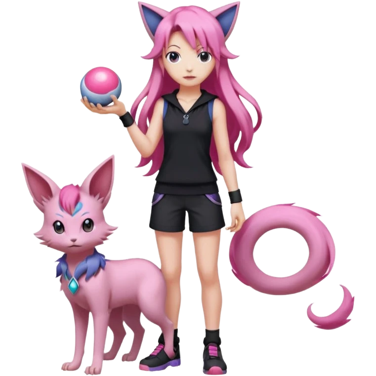 Female pokemon trainer, with long pink hair and wearing black. She’s standing confidently holding a pokeball and espeon by her feet  emoji