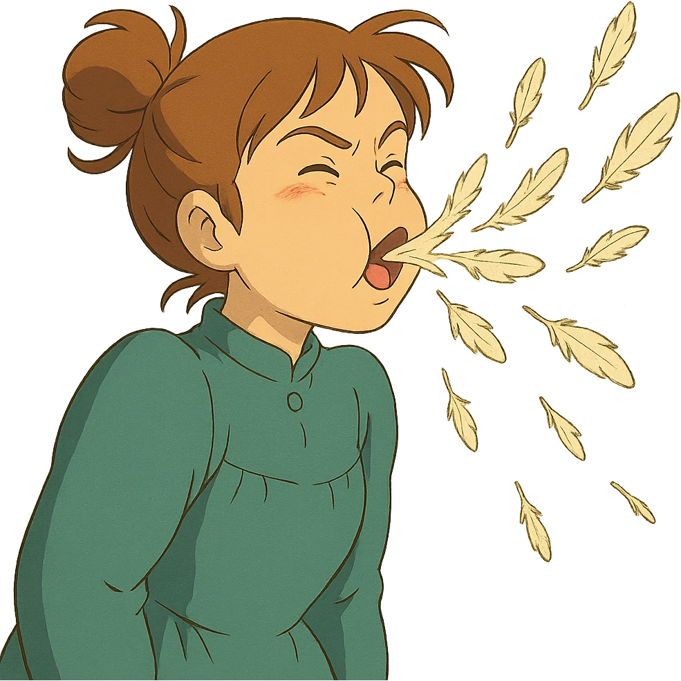 ghibli style person spitting feathers, whimsical emoji