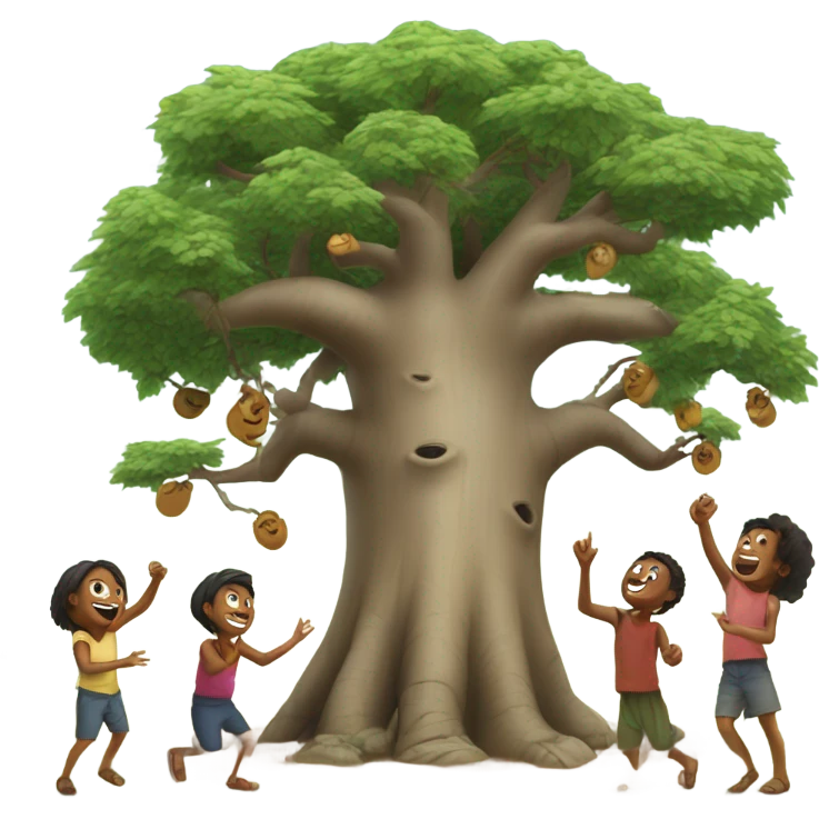 Create a baobab tree with 5 kids playing in Madagascar emoji