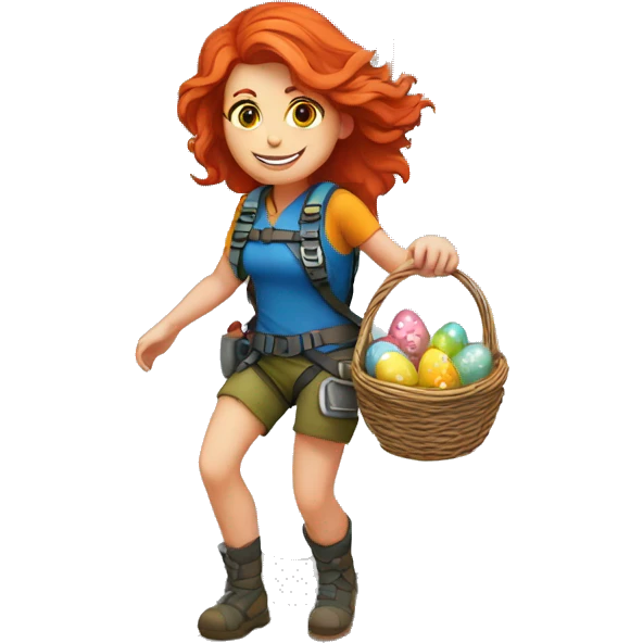 Female mountain climber red hair climbing with Greek flag and holding Easter eggs basket emoji