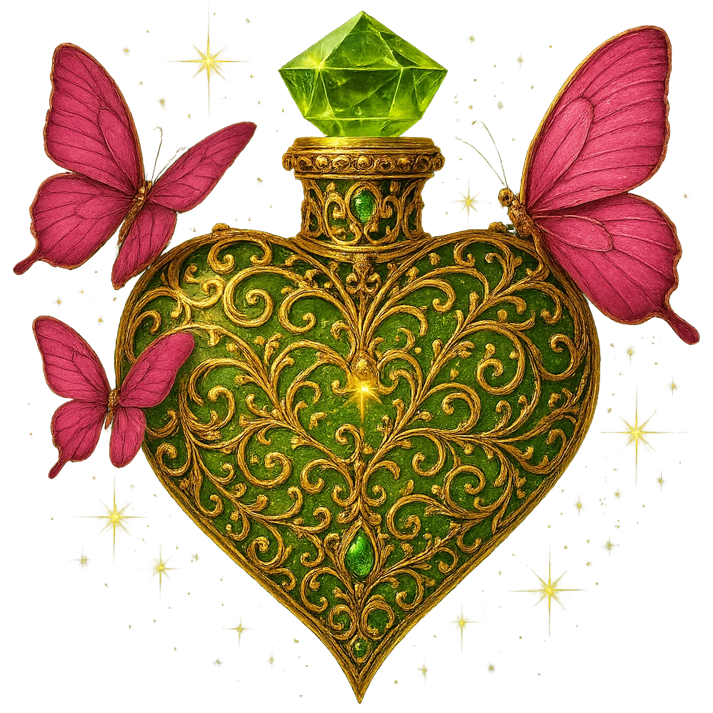 Add elegant, luxurious golden filigree and small gemstone details to the bottle while keeping the original style, shape, and colors exactly the same. The bottle has #c0ff53 green glitter liquid, pink butterflies, magical dust, a crystal neck, and a sharp heart point. Maintain the transparent background as PNG. Enhance the opulence with golden filigree and gemstone details only, without altering any other elements. emoji