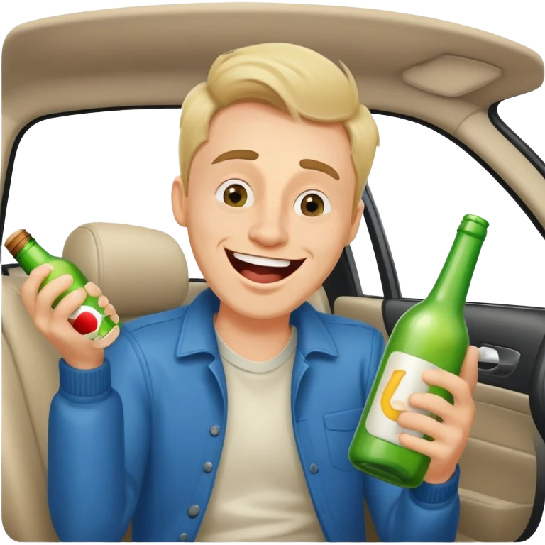a drunk man holding a bottle fooling around laughing in a car emoji