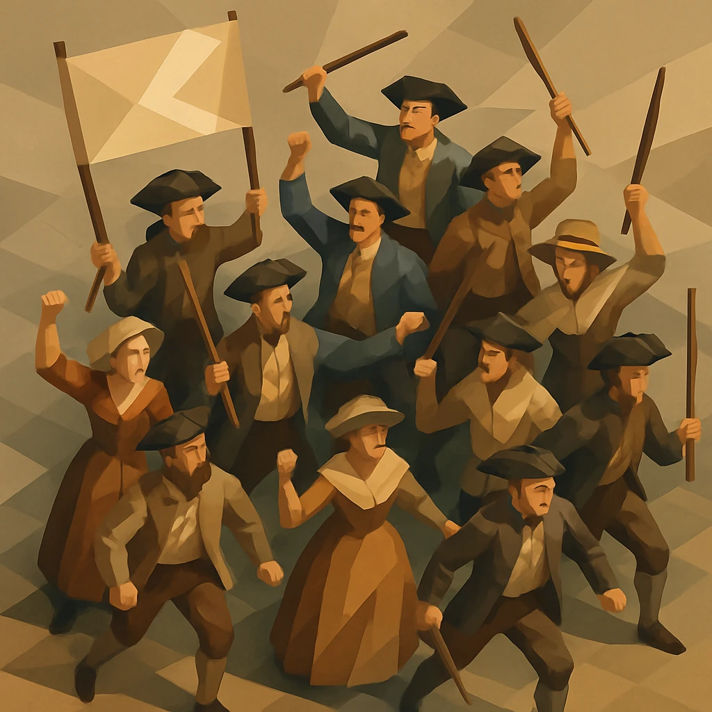 isometric illustration of 18th century protesters, full body, period-appropriate clothing, hats, banners, dynamic crowd, no text emoji