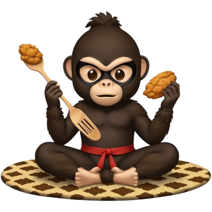 Ninja monkey sitting on a carpet eating fried chicken  emoji