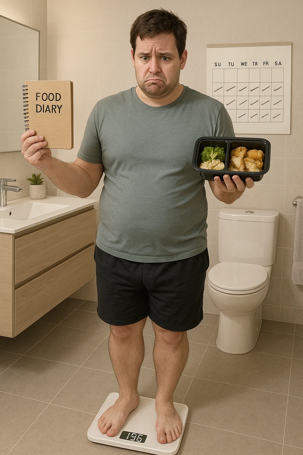 Uomo sulla trentina in piedi su una bilancia in bagno, con espressione delusa e confusa. In mano tiene un diario alimentare e un contenitore per i pasti già preparati, segno che sta seguendo una dieta. Dietro di lui un calendario con settimane segnate, ma senza cambiamenti. Il suo corpo appare identico a prima, senza progressi visibili. La bilancia digitale mostra lo stesso numero. Ambientazione pulita e moderna, toni neutri. Atmosfera di frustrazione e demotivazione, luce soffusa. emoji