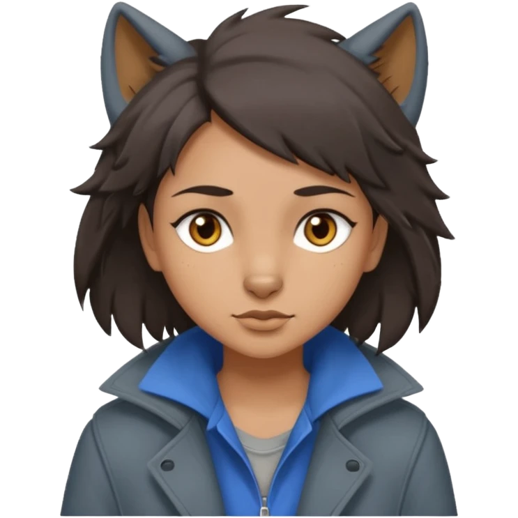 Hobo tomboy with dark brown hair in a wolf cut style, brown eyes, dirty dark grey coat, blue-grey shirt. emoji