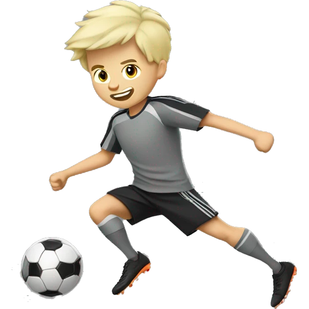 blonde boy in gray soccer uniform and black shorts with gray beard  and hair kicking a soccer ball emoji