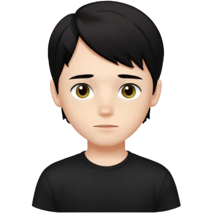 A beautiful boy with black hair and hazel green and brown eyes and white skin , with dark freckles and black t shirt with middle part hair hair with a center part haircut  emoji