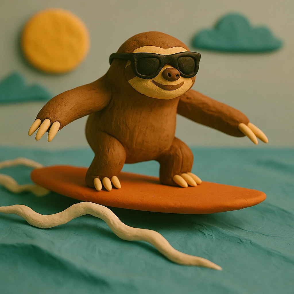 Add sunglasses to the sloth while surfing in claymation style. emoji
