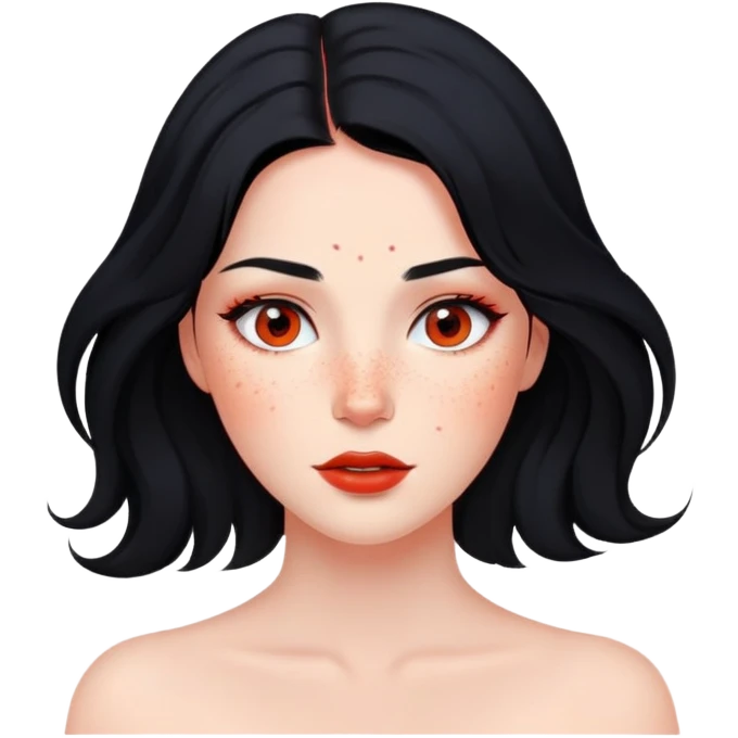 woman with flowing black hair, natural makeup, and prominent red freckles on face emoji
