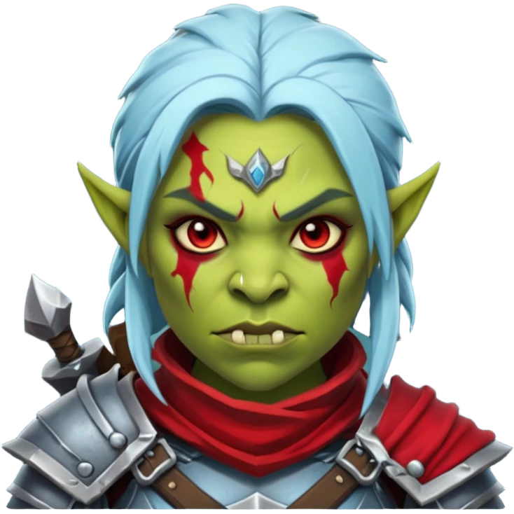 Fantasy Christmas orc legion soldier icon, iron tundra army theme, heavy winter armor, disciplined brutal look, dark icy steel armor with bold crimson cloth and markings, cold blue shadows, high contrast, clean emoji portrait style, female variant emoji