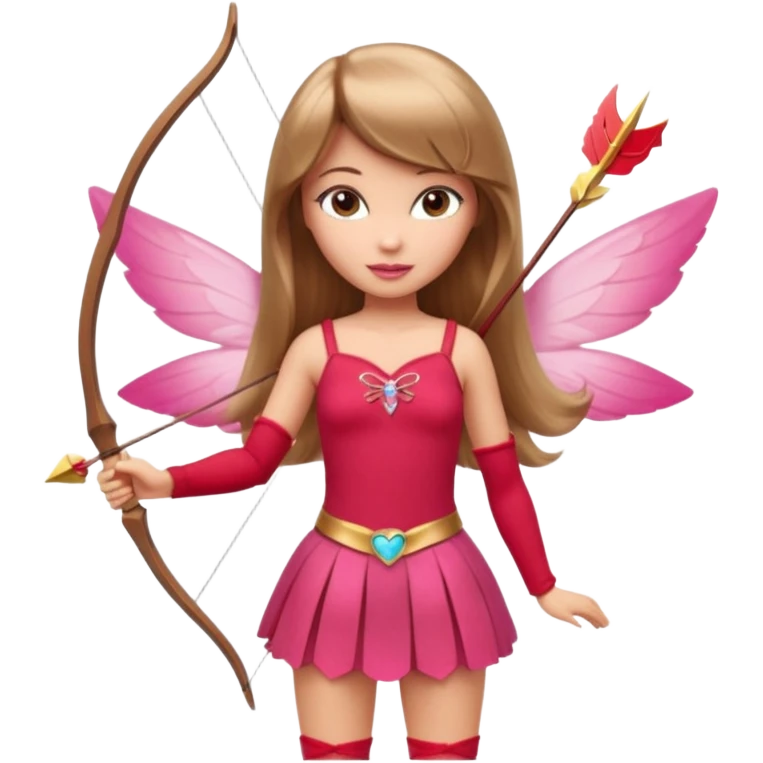 Hada sexy cupido pequeña  de cabello largo lacio castaño claro con flequillo y ojos cafés  vestida de top y falda roja y con arco y flechas cabello lacio labios rosas tipo Barbie pero en hada cupido emoji