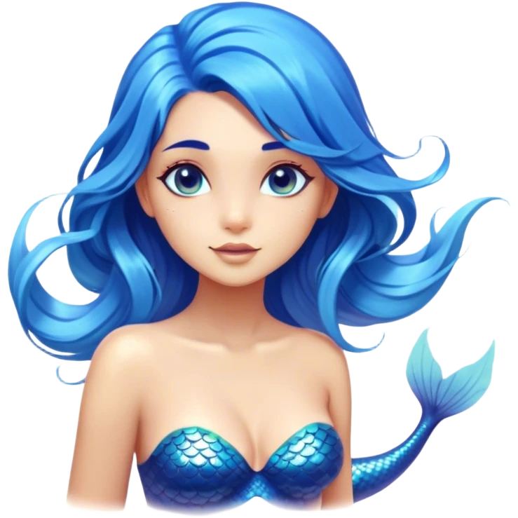 Cinematic Realistic Blue Hair Mermaid Portrait, depicted with lifelike, sun-kissed tanned skin that exudes a warm, radiant glow under gentle underwater lighting. Her intricately detailed, flowing blue hair cascades like a waterfall of ocean hues, framing deep, mesmerizing eyes that capture the vibrant spirit of the sea. Adorned with a shimmering tail and delicate tropical accents, the portrait features an enchanting underwater glow that blends realism with mythic coastal allure. emoji